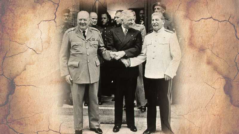 Main leaders of the victorious Four Powers: Churchill (Great Britain), Truman (USA) and Stalin (USSR) at Postdam Conference in Germany, 1945