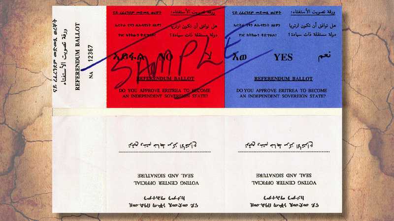 A sample ballot that was used in the referendum for Eritrea's independence